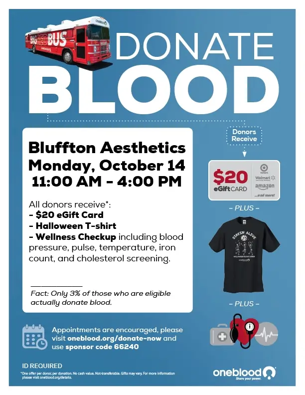 Blood donation event at Bluffton Aesthetics with donor rewards and wellness checkup