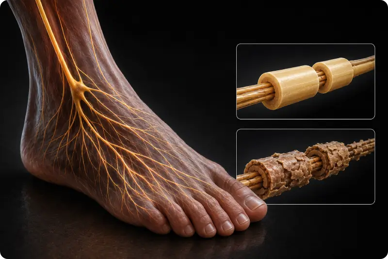 Illustration of peripheral nerves carrying signals between the brain and feet