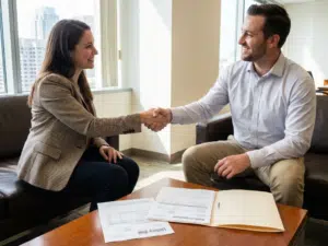 U.S. gov contract consultant at Federal Contracting Center guides contractor through the process of uploading documents during the sam.gov registration process.