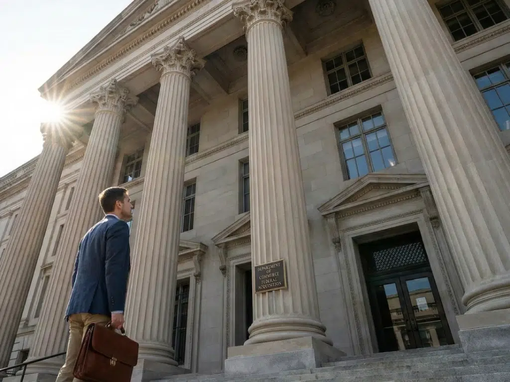 Small business owner walks up the steps of a government building to get guidance and bid on federal set aside contracts.