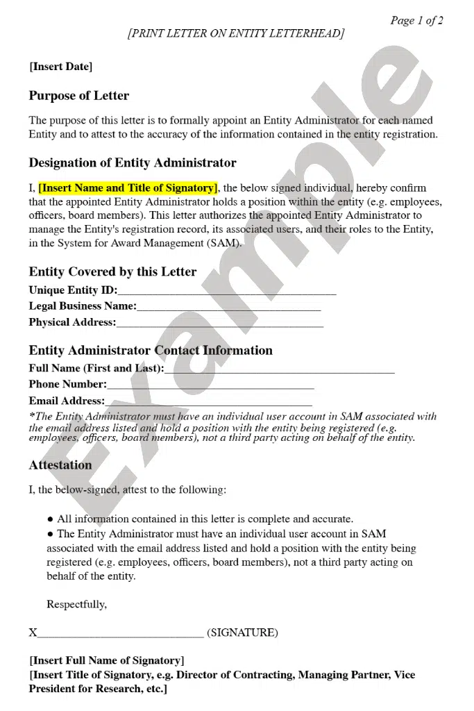 Example of the entity administrator appointment notarized letter template used by international entities, offered by FSD.gov.