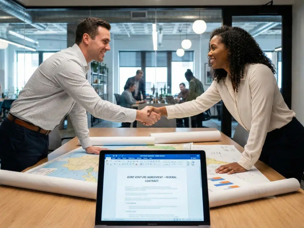 During a meeting for a federal set aside joint venture, small business owners shake hands.
