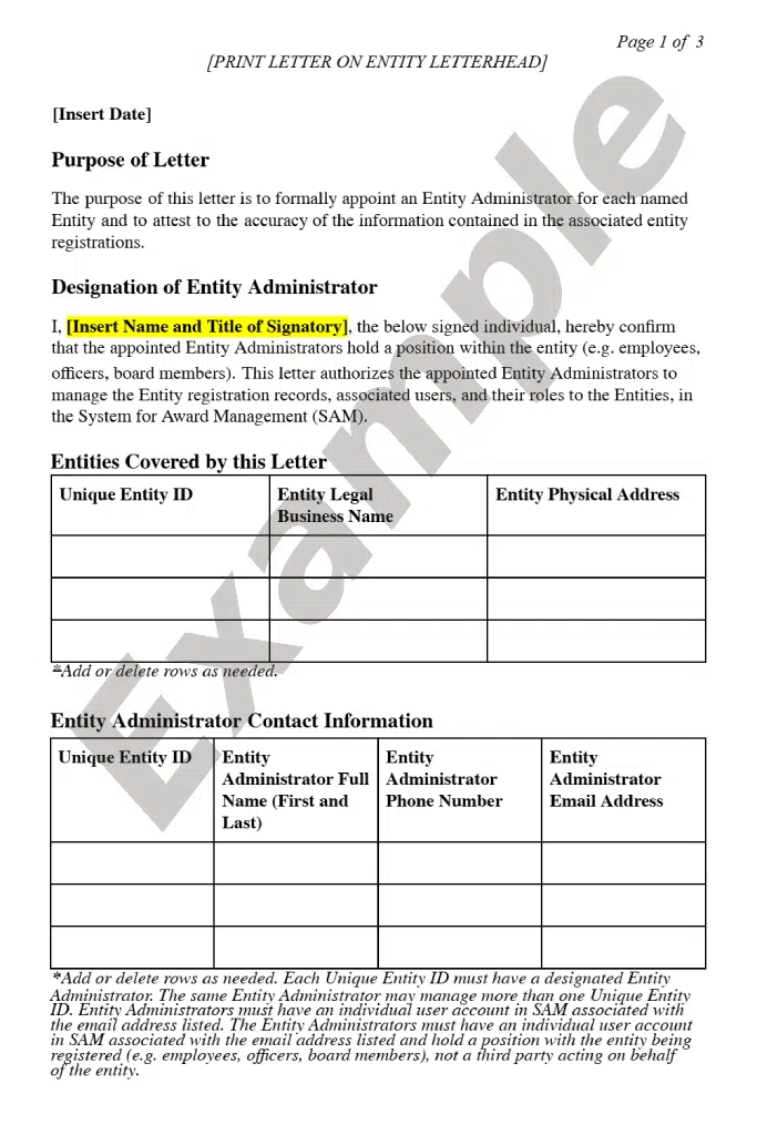 Example of a the multiple entity administrator appointment notarized letter template, available on FSD.gov.