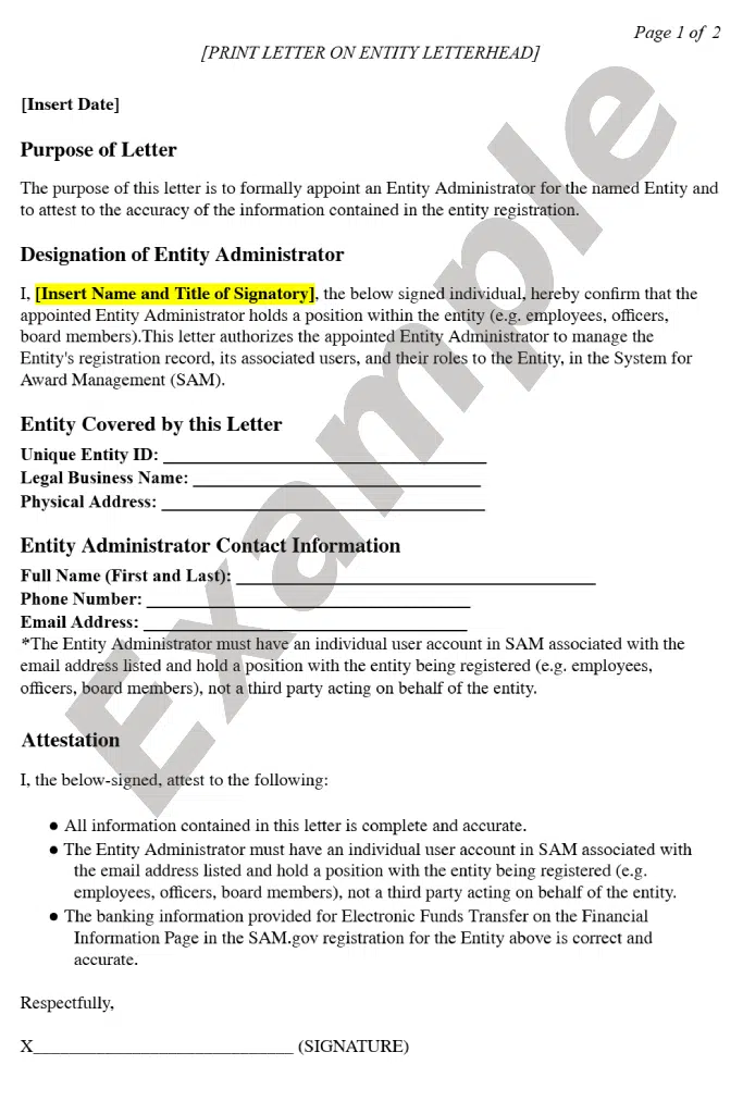 Example of a the single entity administrator appointment letter template, found on FSD.gov.