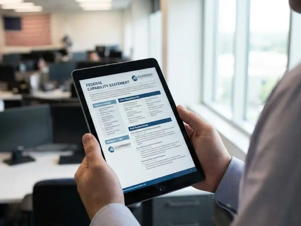 Government buyer reviewing a digital capability statement on a tablet during market research.
