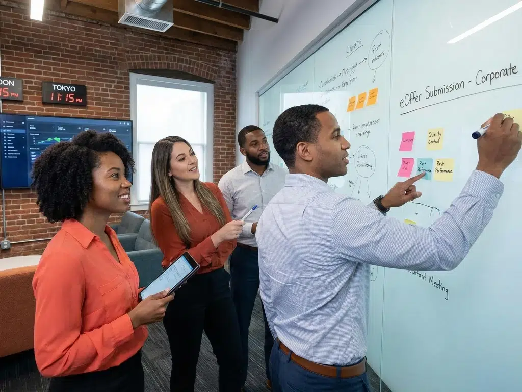 A professional consulting team at the Federal Contracting Center mapping out an eOffer submission, including past performance and quality control narratives for a GSA proposal.