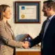 Two business professionals shaking hands in front of a framed GSA Multiple Award Schedule (MAS) contract certificate to celebrate a successful federal procurement award.