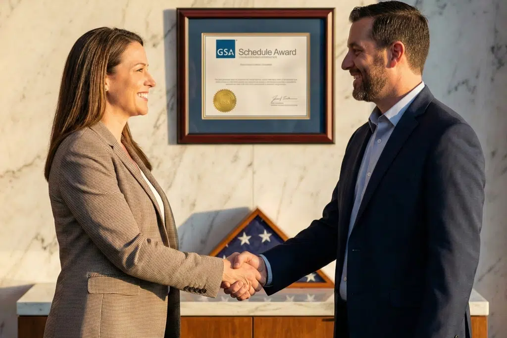 Two business professionals shaking hands in front of a framed GSA Multiple Award Schedule (MAS) contract certificate to celebrate a successful federal procurement award.