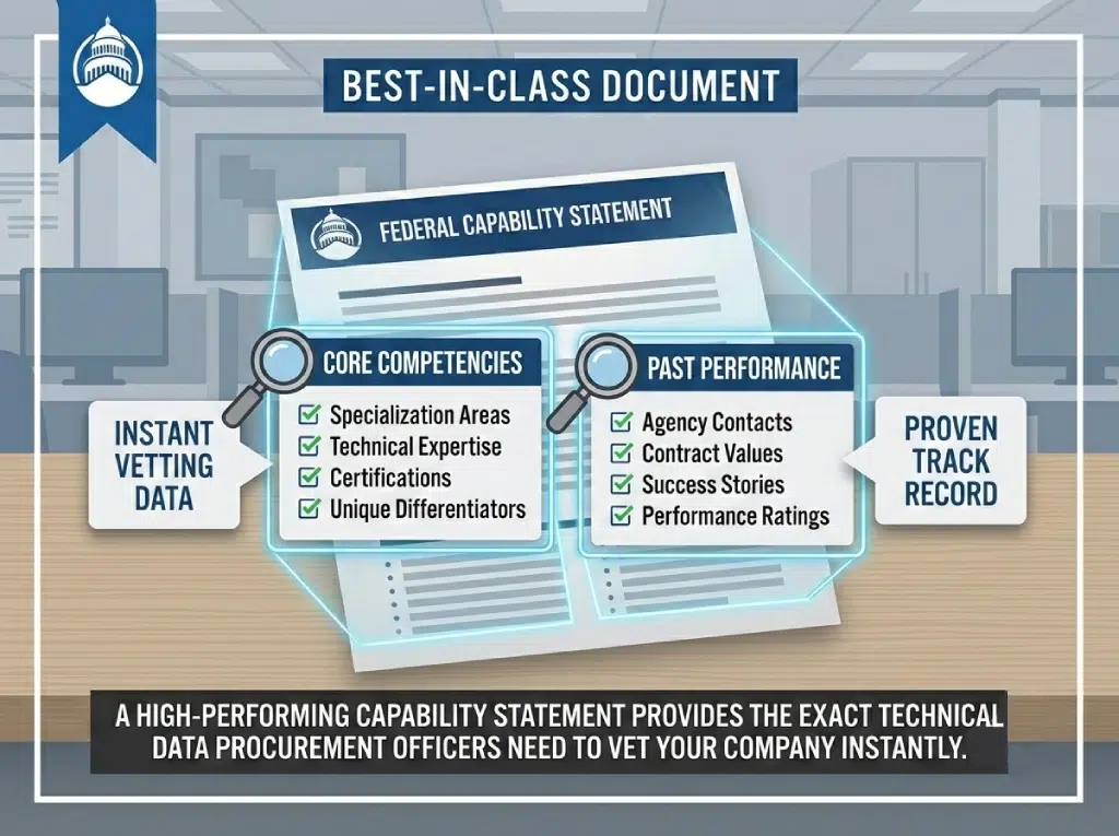 Infographic illustrating a best-in-class Federal Capability Statement, focusing on the core competencies and past performance data needed for instant vetting.