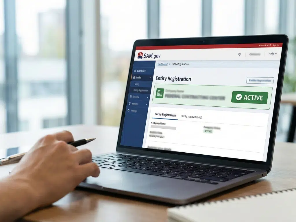 A woman small business owner, looking at her laptop. The screen displays her SAM.gov entity registration page, with a large green 