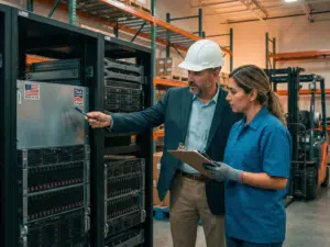 A quality control inspector and warehouse manager verifying a 