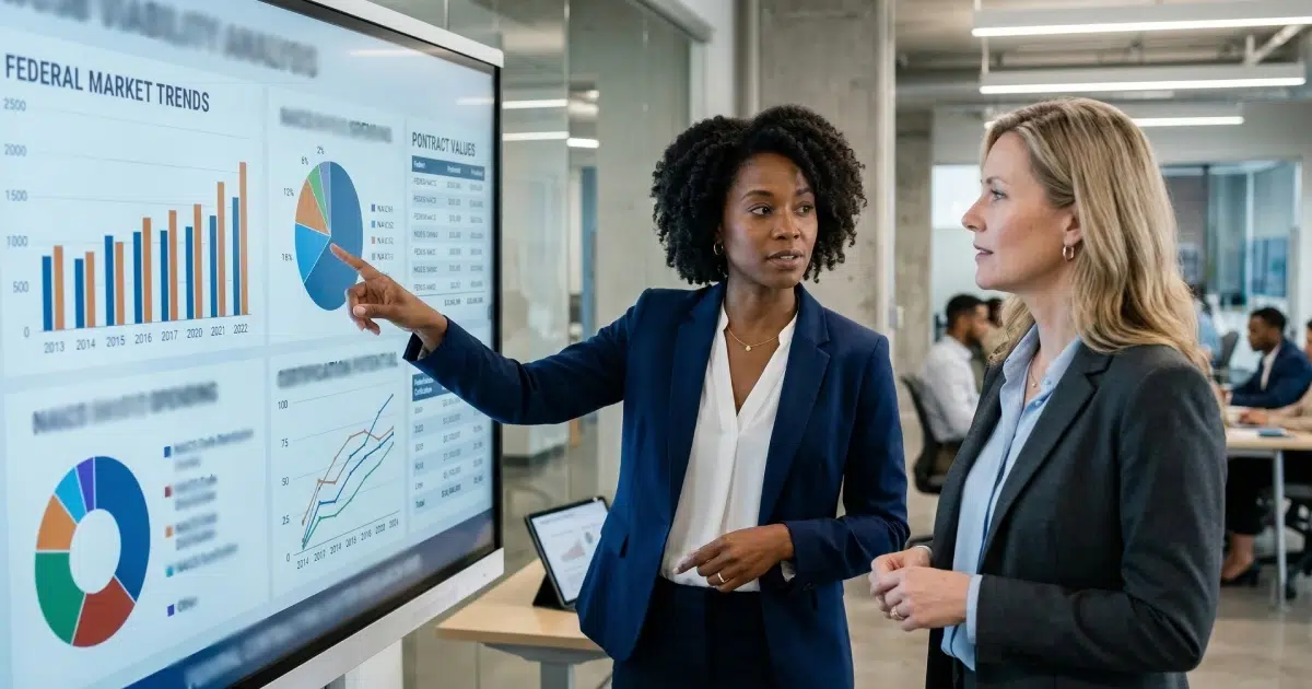 Two female federal contractors analyzing U.S. government market research graphs on a large digital smartboard.