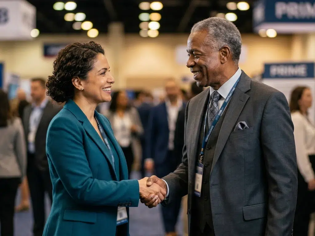 Hispanic female Women-Owned Small Business owner shaking hands with a prime contractor at a busy federal networking convention.