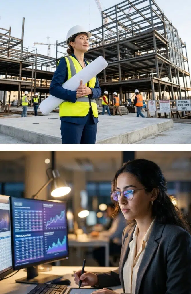 The top image is of an Asian female architect wearing a hard hat and holding blueprints at an active federal building construction site. The bottom image is a female IT contractor for the U.S. government working on a laptop in a modern co-working space.