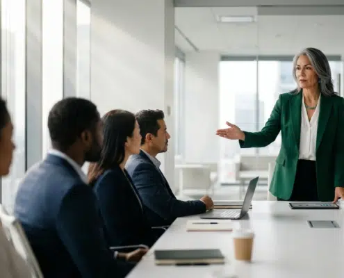 Native American female CEO confidently leading a strategic boardroom discussion with colleagues regarding the benefits of WOSB certification for federal contracting.