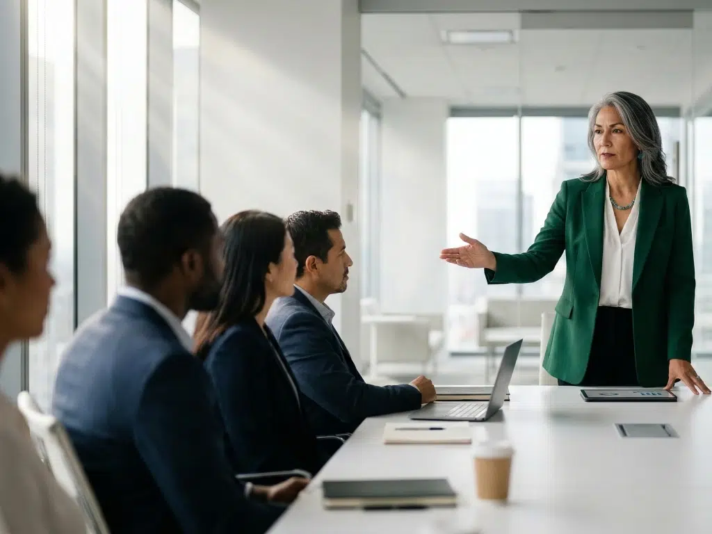 Native American female CEO confidently leading a strategic boardroom discussion with colleagues regarding the benefits of WOSB certification for federal contracting.