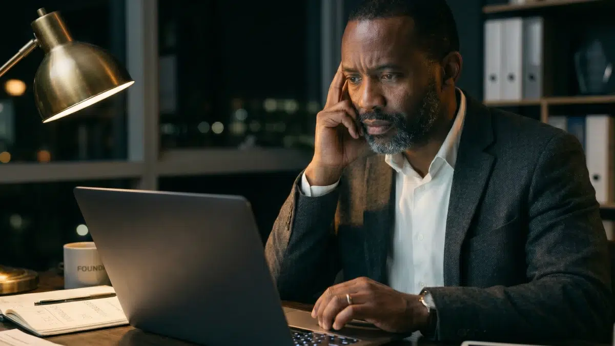 Stressed Black male federal contractor reviewing a laptop at night, highlighting the urgency of the November 2026 CMMC Phase 2 deadline.
