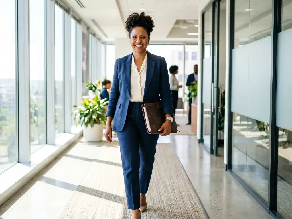 Confident multiracial female federal contractor in a modern office, representing a GovCon business successfully prepared for CMMC audits and federal capture.