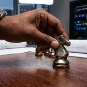 Hands moving a chess piece with IT servers in the background, illustrating CMMC compliance as a GovCon business strategy, not just an IT problem.