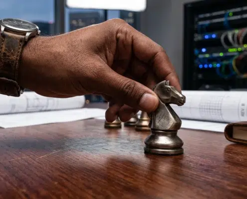 Hands moving a chess piece with IT servers in the background, illustrating CMMC compliance as a GovCon business strategy, not just an IT problem.