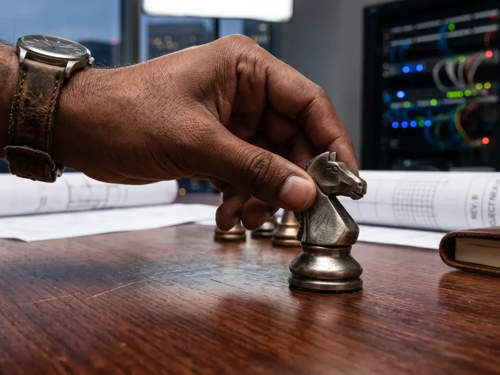 Hands moving a chess piece with IT servers in the background, illustrating CMMC compliance as a Government contracting business strategy, not just an IT problem.
