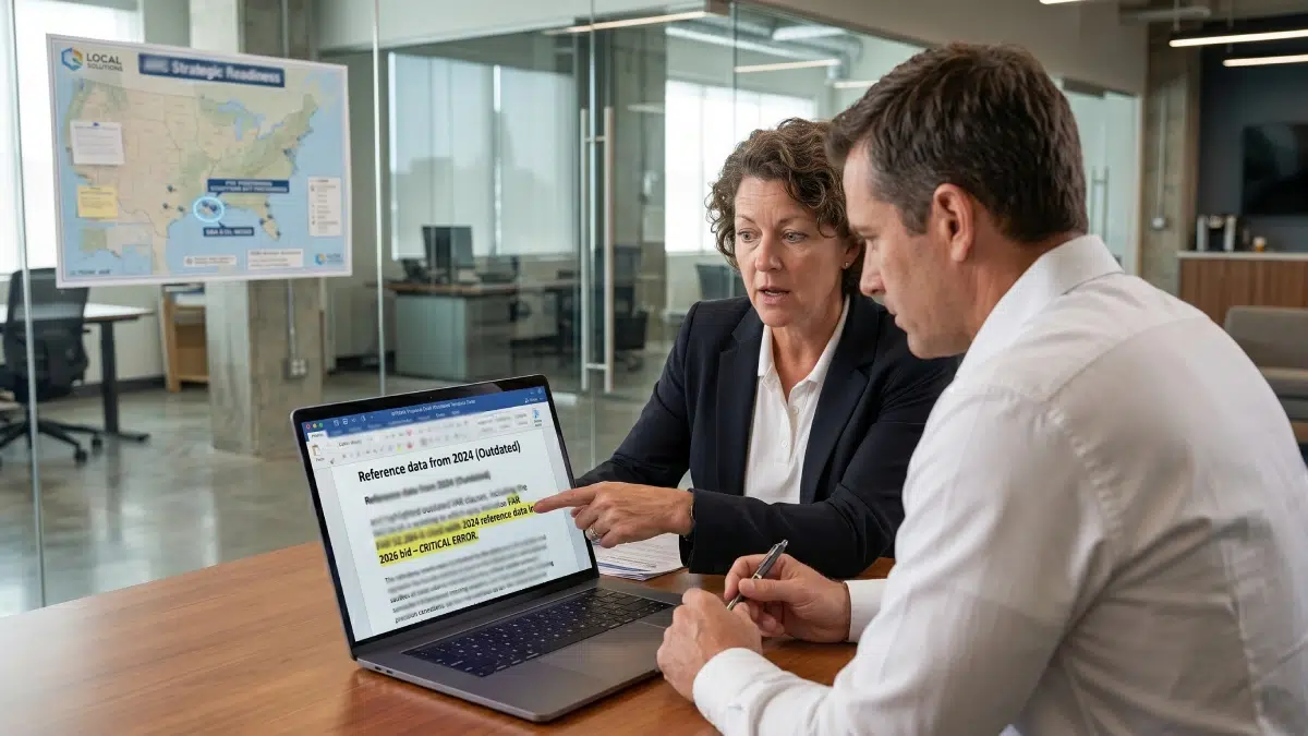 Two small business executives identify an obsolete FAR clause citation on a laptop screen while reviewing a 2026 FEMA proposal strategy
