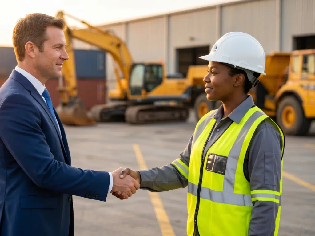 Handshake between a federal contracting consultant and a local contractor in a hard hat on a logistics staging site for a FEMA disaster relief contract.