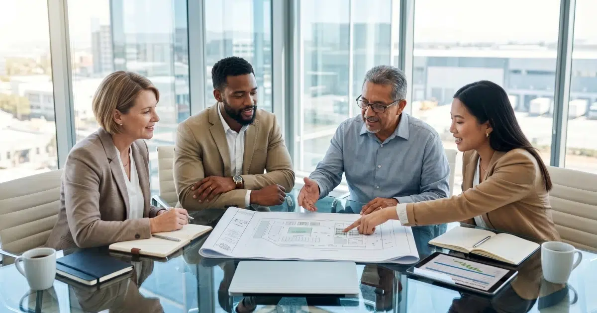 A diverse group of small business executives sit at a glass conference table reviewing a blueprint map for a federal procurement contract strategy.