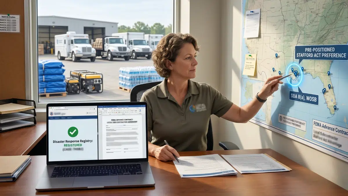 Small business owner reviews a FEMA advance contract and Stafford Act preference map to prepare for upcoming hurricane response contracting.