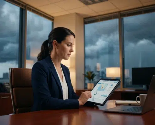 A focused small business owner prepares for hurricane season by analyzing a federal contracting and logistics dashboard on a tablet device.