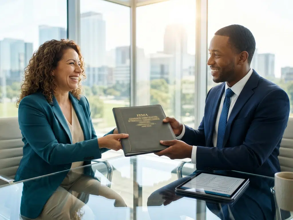 A small business owner smiles as a consultant passes her a bound folder detailing FEMA advance contracts and emergency readiness strategies.