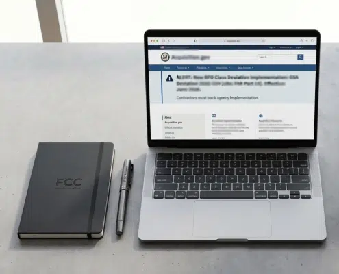 Minimalist workspace with an FCC notebook and a laptop screen showing an Acquisition.gov alert about the 2026 Revolutionary FAR Overhaul.