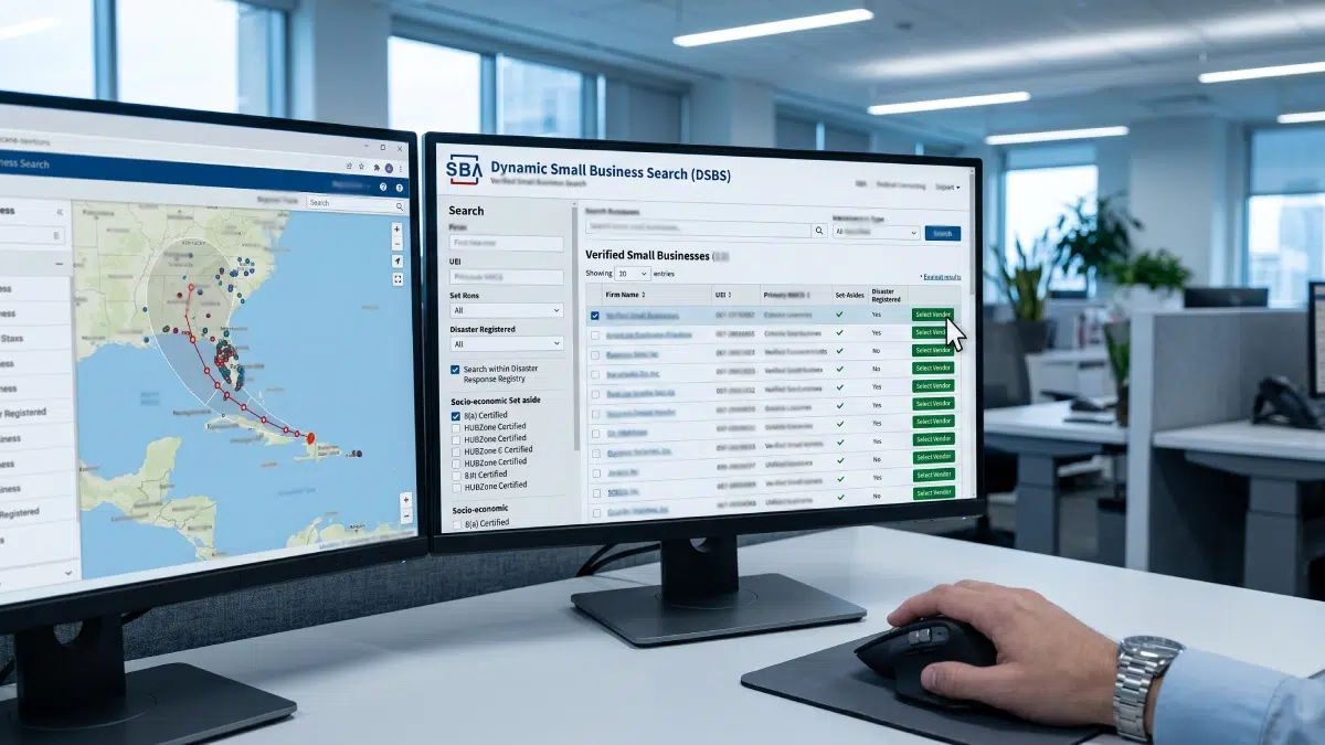 A federal buyer uses a dual-monitor setup to filter the SBA Dynamic Small Business Search database for local disaster response vendors.