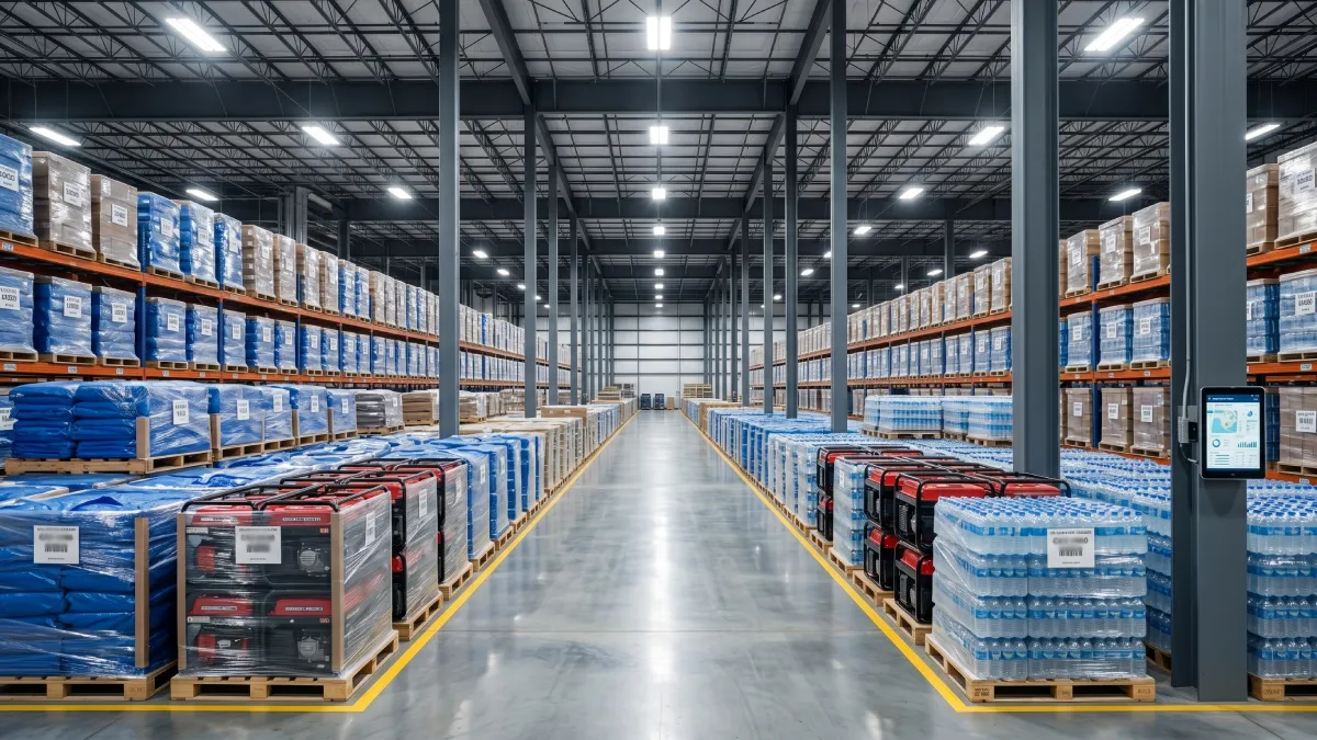 Inside a large FEMA emergency supply warehouse with pallets of blue tarps, bottled water, and generators ready for rapid disaster deployment.