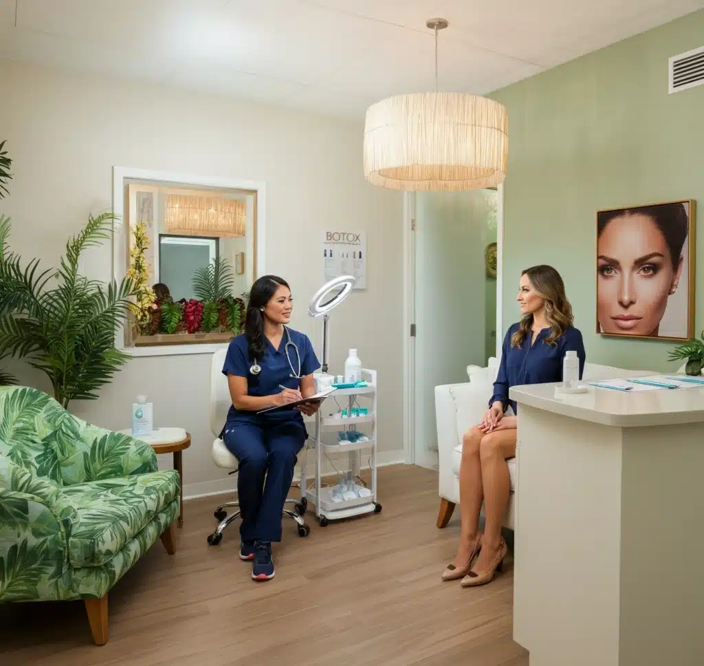 Patient at cosmetic consultation for Botox in Hawaii discussing the areas of the face Botox can be injected for natural looking results.