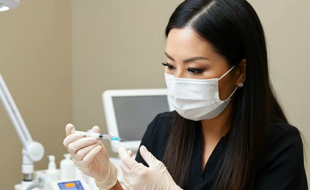 Hawaii facial aesthetician prepares dermal filler for patient during a Glow Up treatment. Oahu cosmetic treatment clinic, Hawaii Facial Plastic Surgery.