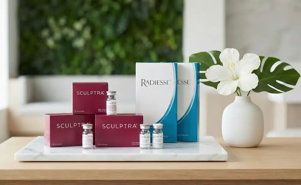 Product packaging for Sculptra and Radiesse biostimulatory fillers used for collagen banking and winter skin hydration.