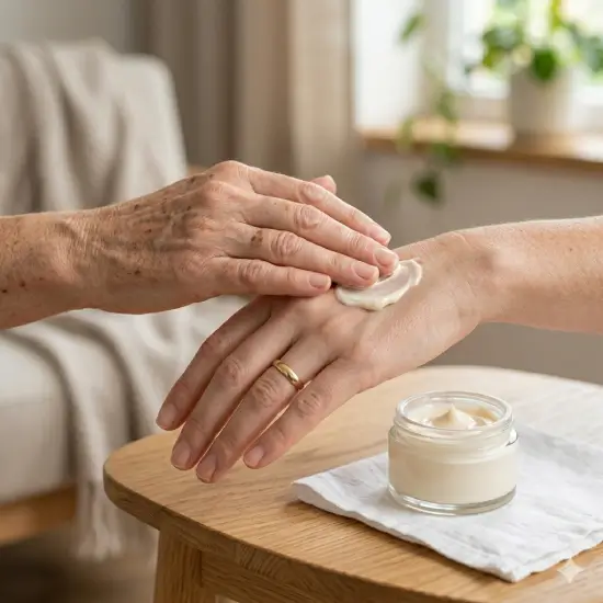 A senior hand rubs hydrating skincare lotion from a small jar onto the other hand, showing daily preventative hand rejuvenation treatments in Hawaii for aging hands.