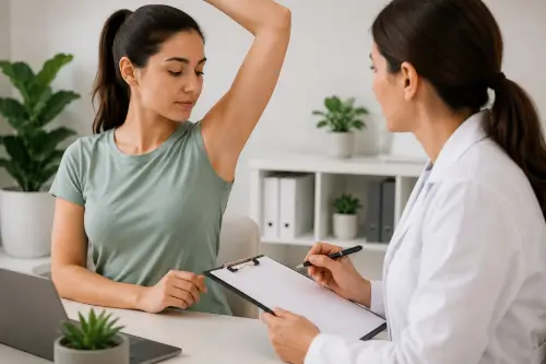 Female doctor reviewing a clipboard during a hyperhidrosis consultation with a patient in Honolulu, Hawaii.