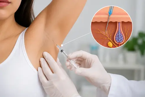 Underarm Botox treatment with an anatomical graphic illustrating how injections block hyperhidrosis signals.