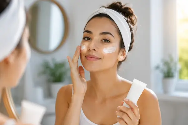 Woman looking in a mirror applying safe mineral sunscreen to healing facial incisions as recommended by Hawaii Facial Plastic Surgery.