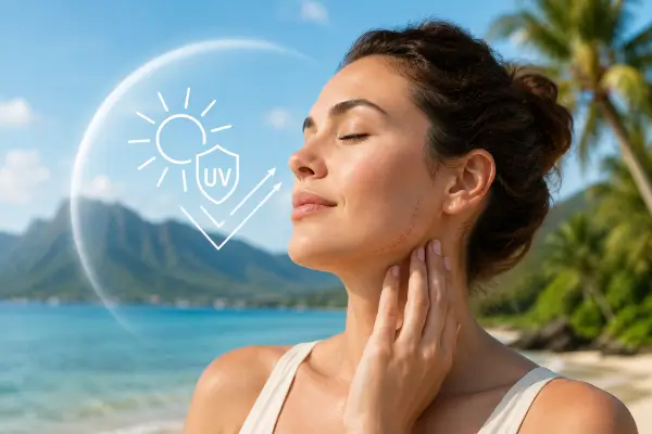 Honolulu woman at the beach with a graphic UV shield protecting her neck surgery scar from the sun, ensuring beautiful healing results.