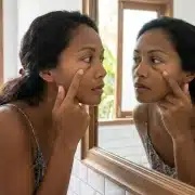 Honolulu resident with puffy eyes in Hawaii looks at her reflection in the mirror.