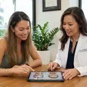 female-facial-plastic-surgeon Female facial plastic surgeon and patient in Honolulu discussing facial anatomy on a tablet during a collaborative medical consultation for natural-looking results.