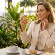 A woman admiring her refreshed skin in a mirror at an outdoor cafe, illustrating the "lunchtime procedure" benefits of Ultherapy PRIME with no downtime.