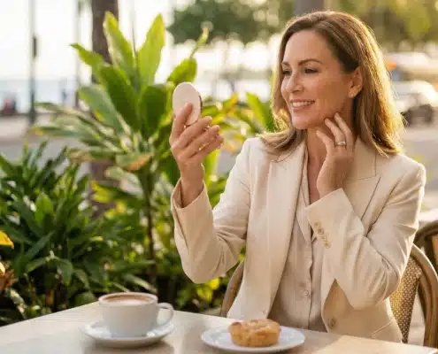 A woman admiring her refreshed skin in a mirror at an outdoor cafe, illustrating the "lunchtime procedure" benefits of Ultherapy PRIME with no downtime.