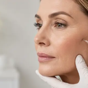 ozempic-face-dermal-fillers-treatment Gloved provider guiding a syringe into a woman's cheek during dermal filler treatment at Hawaii Facial Plastic Surgery in Honolulu.