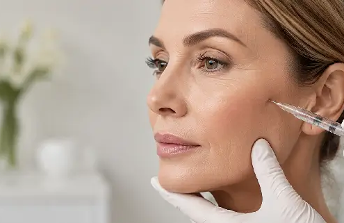 Gloved provider guiding a syringe into a woman's cheek during dermal filler treatment at Hawaii Facial Plastic Surgery in Honolulu.
