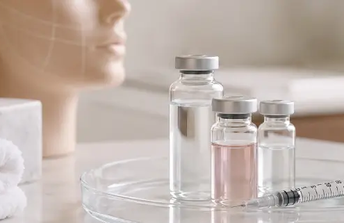 Dermal filler vials with silver caps and a marked syringe on a glass tray beside a mannequin head mapped with facial contour lines.