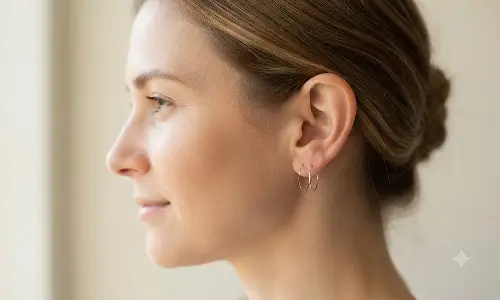 Profile of a woman with her hair in a low bun wearing small, thin hoop earrings, an example of lightweight earrings that help prevent lobe stretching.